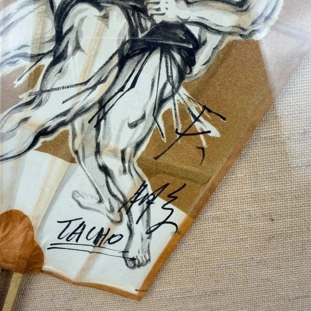 Vintage Japanese Framed Uchiwa Bamboo Fan Sumo Wrestlers Signed TACHO 12x17
